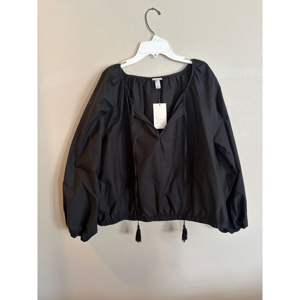 A New Day Womens XL Black Cotton Poplin Tassel Tie Blouse Long Sleeve Top